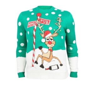 George Christmas Reindeer Ugly Sweater, Green Holiday Knit, Size M